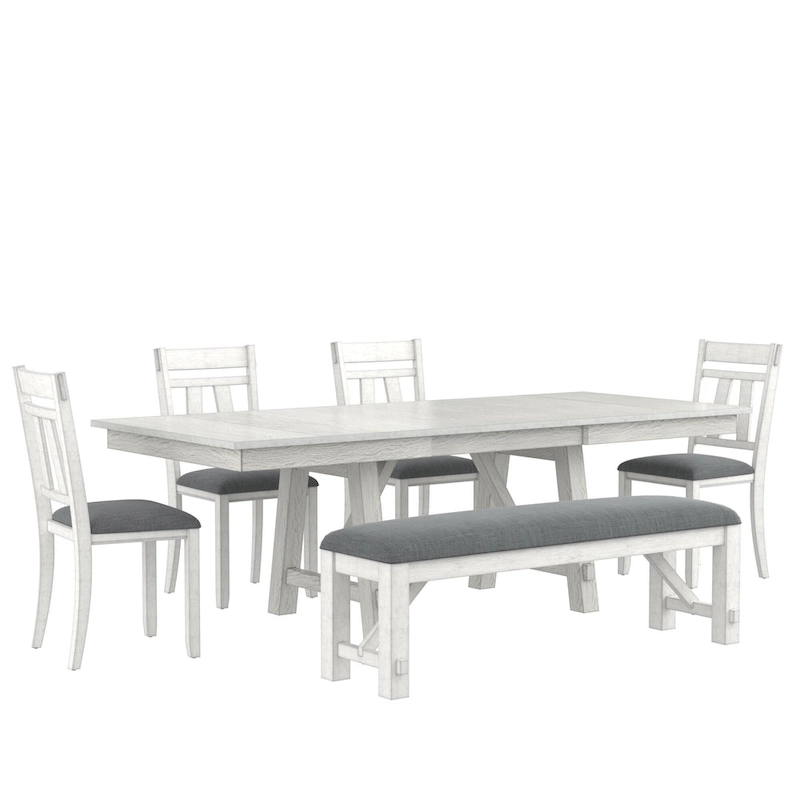 VECELO Dining Table Set with Bench, Solid Wood Rectangular Extendable Dining Table & Solid Wood Dining Chairs