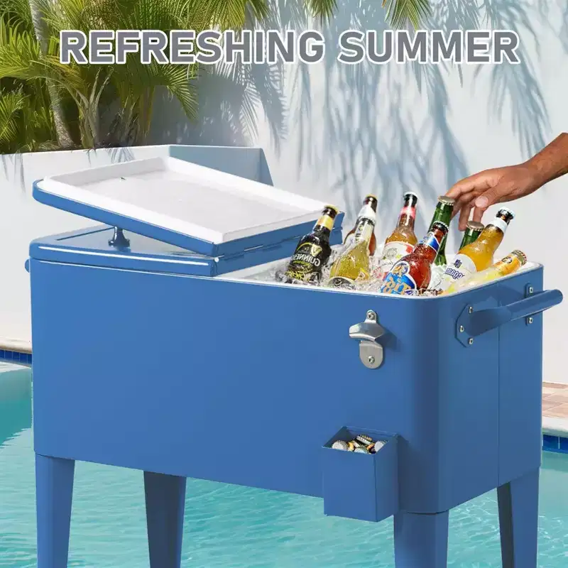 80 Quart Rolling Ice Chest Portable Bar Drink Cooler with Catch Basin, Bottom Storage Tray for Patio Party BBQ Beach, Blue, 34.3*15.2*35.8
