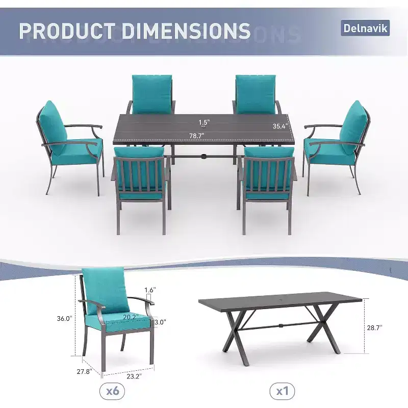 ALAULM 7 Piece Patio Dining Set Outdoor Furniture, Metal Patio Furniture Set 6 Fixed Chairs and Large Table