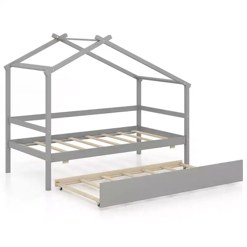 Costway Twin House Bed w/ Trundle w/ Roof & Fence Rails Wooden Platform Bed Frame