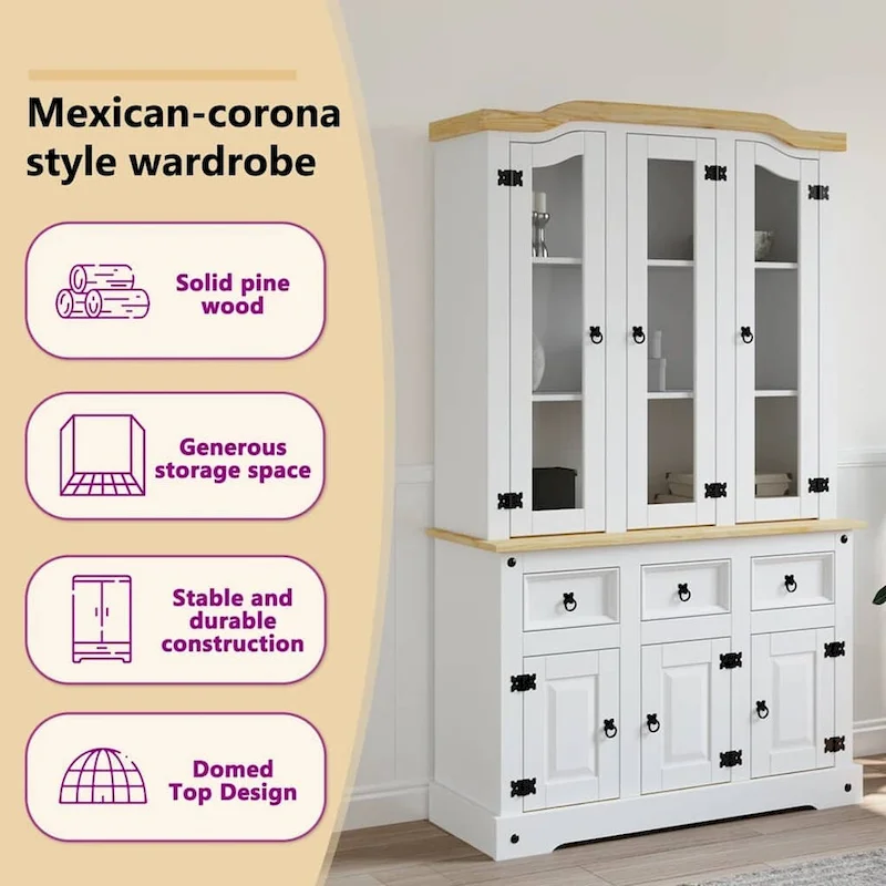 vidaXL Highboard, 44.1x17x77.2 Inches, White and Natural Finish Top - 44.1 x 16.9 x 77.2