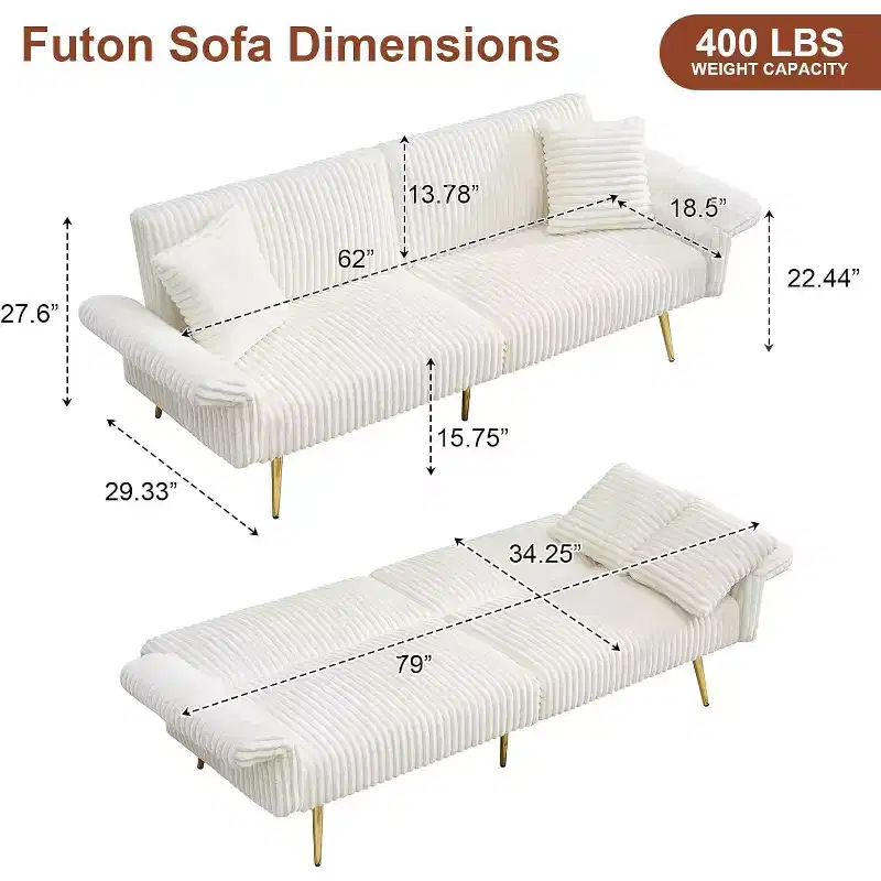 MooxvMoo Futon Sofa Bed, Convertible Futon Couch Bed with Adjustable Backrest, 2 Pillows, Corduroy Loveseat Futon for Small Spaces, Living Room,White