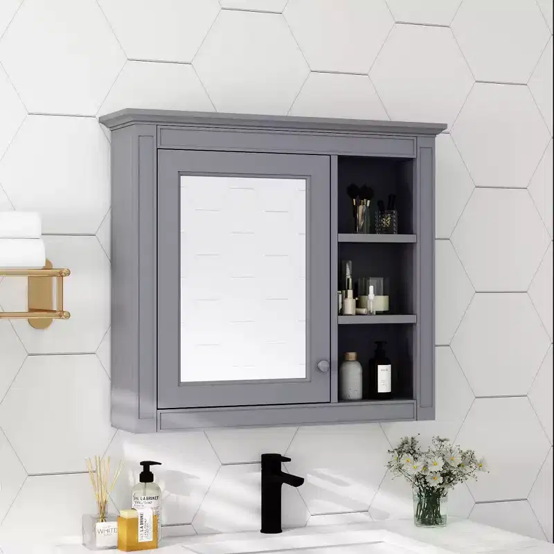 30x28 inch Gray Wall Mounted Bathroom Storage Medicine Cabinet with Mirror and 3 Open Shelves