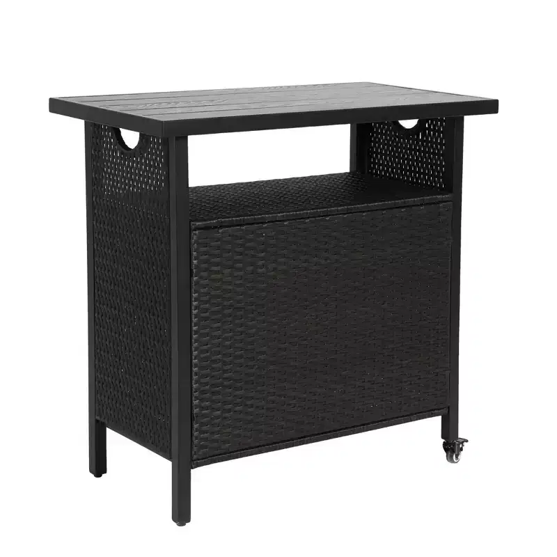 Bar Serving Cart Outdoor Wicker Wine and Beverage Storage with Plastic Wood Top for Patio, Black, 35.43*19.69*35.43