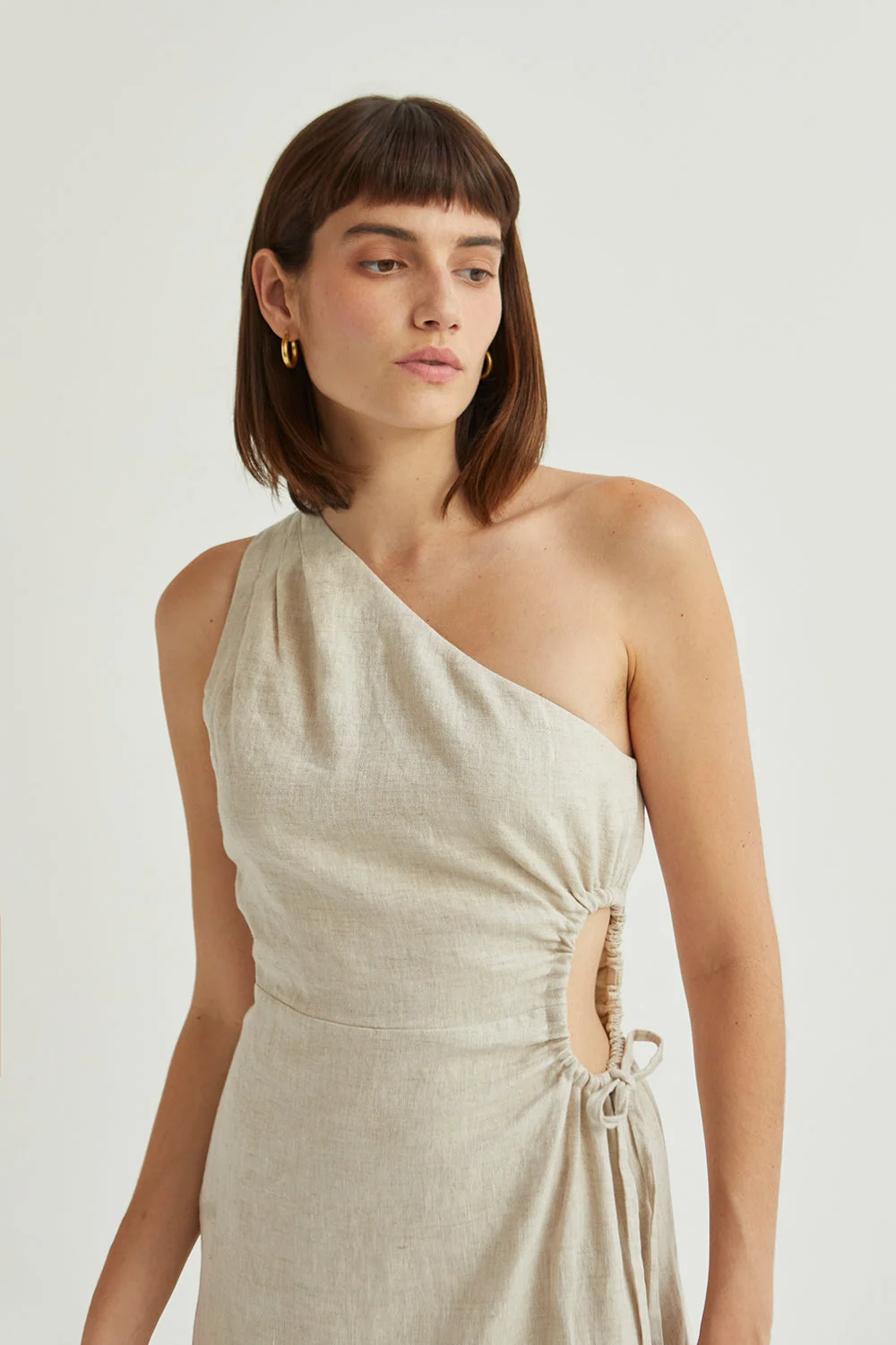 One Shoulder Midi Dress with Side Cutout in Linen