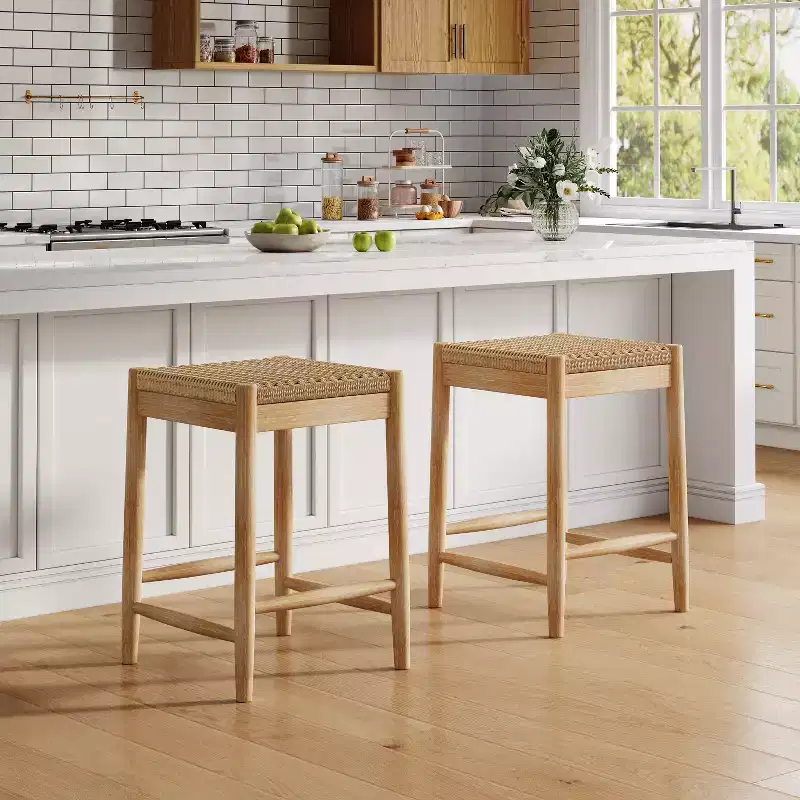 Boho 25.8 Acacia Wood Backless Counter Stools with Wicker Woven Seat
