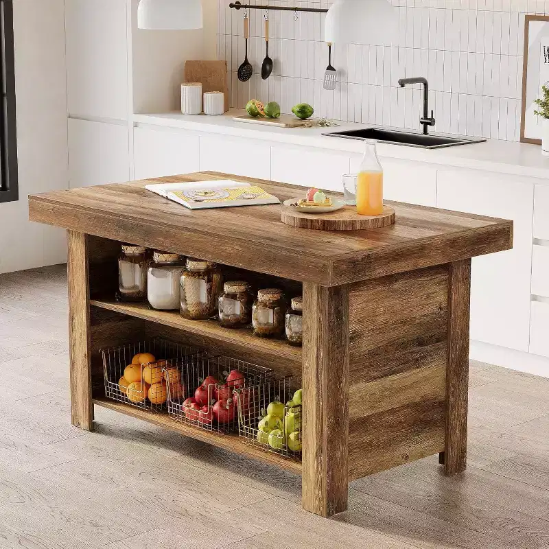 55 Inches Kitchen Island with Storage, 3-Tier Wooden Stationary Island Table, Modern Bar Table with Storage Shelf for Kitchen, Rustic Brown