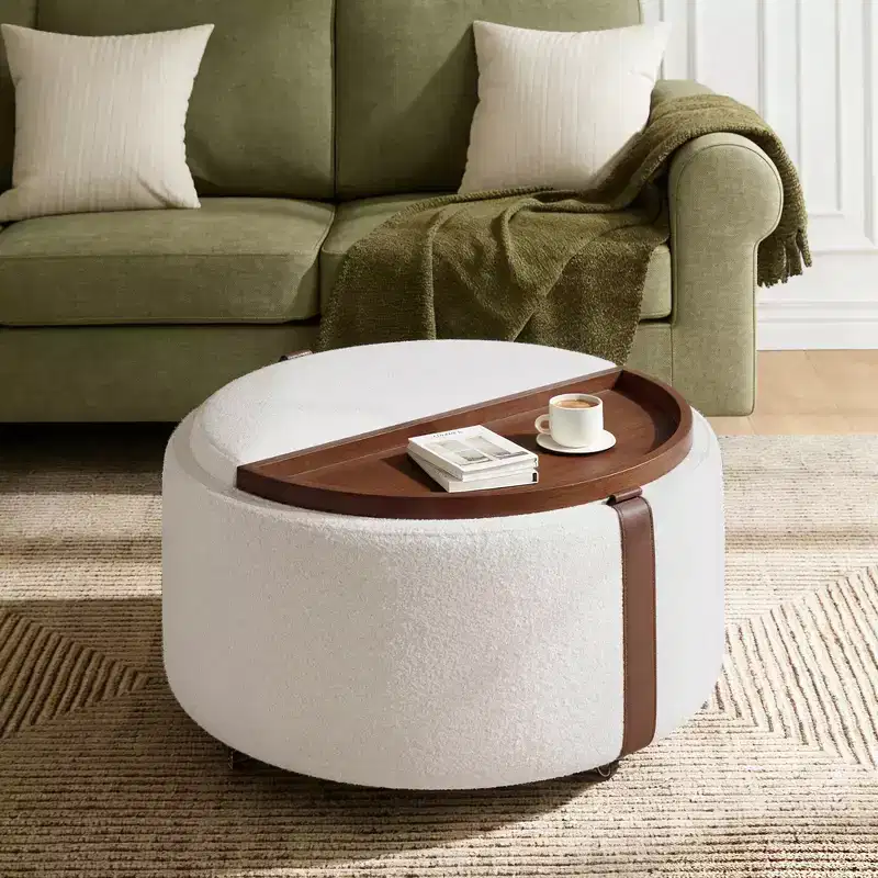 Whisen 29 Modern Round Storage Ottoman, Rolling Ottoman, Coffee Table Ottoman with Caster Wheels, Dual Reversible Lids, Solid Wood Frame