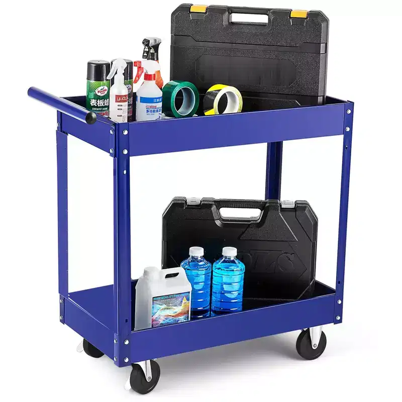 Extra Large Heavy Duty 2-Tier Utility Cart  Carbon Steel, 300 lbs Capacity, Deep Shelves, Rolling Tool Service Cart with Handle, For Garage,Workshop