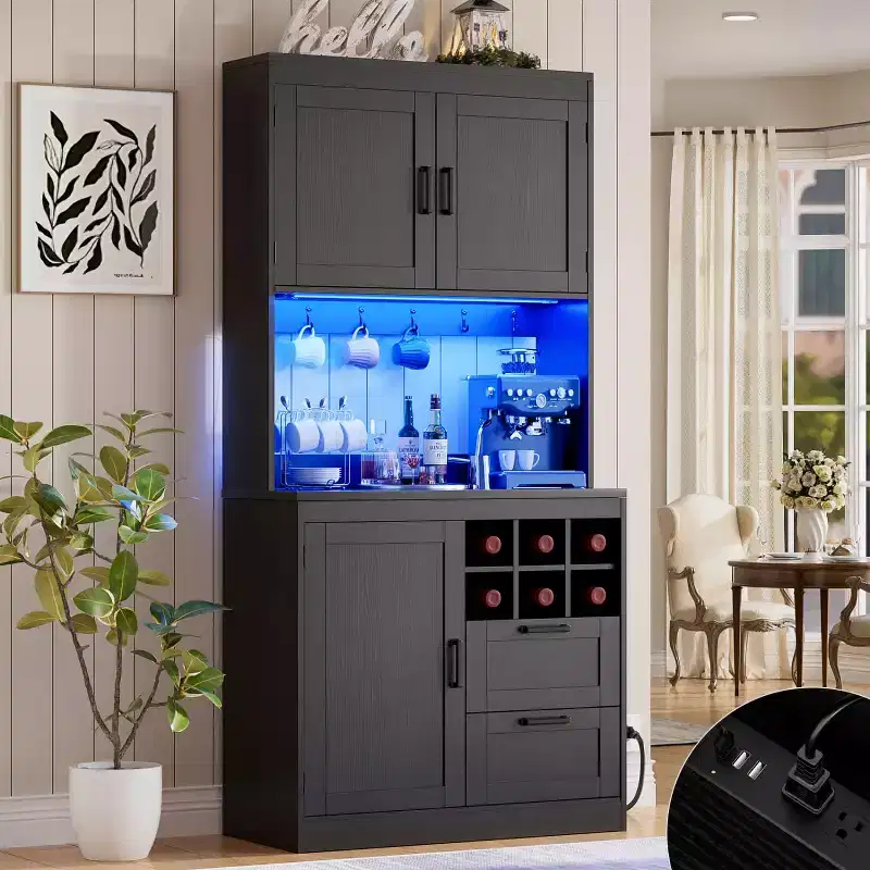 Besiost Kitchen Pantry with Charging Station, Cooffee Wine Bar Cabinet