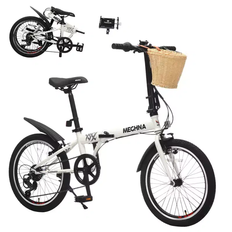 Okak 20IN Folding Bike with Front Basket, Phone Holder & Fenders, 6-Speed Adult Bike with Steel Frame and Dual V-Brake, Bicycle for Men & Women