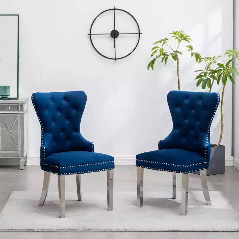Roundhill Furniture Montura Contemporary Tufted Velvet Chair with Nailhead Trim, Set of 2, Blue