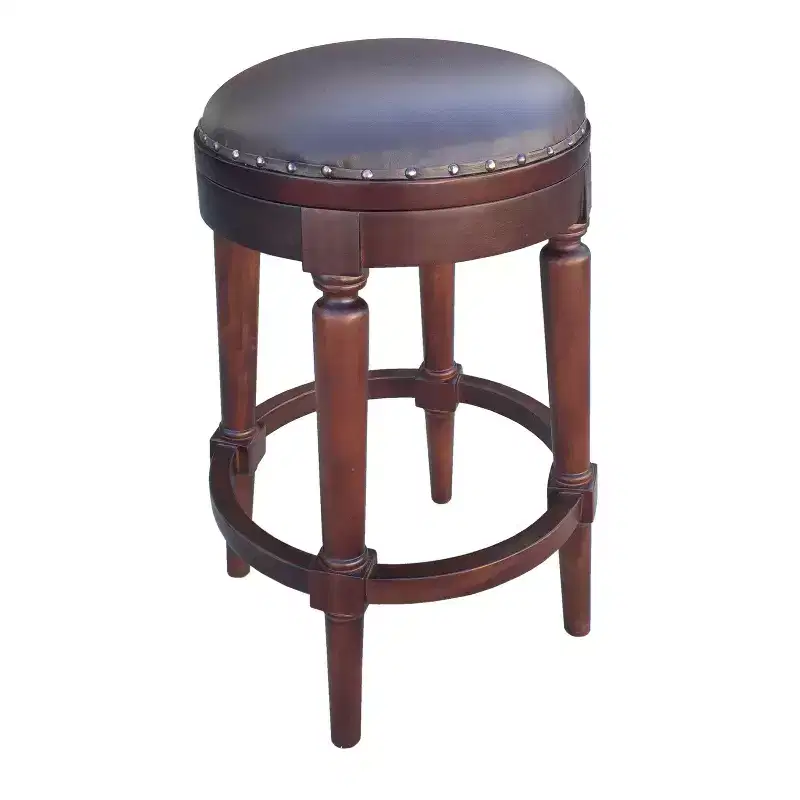 Round Counter Stool, Solid Mahogany Wood with Faux Leather Seat