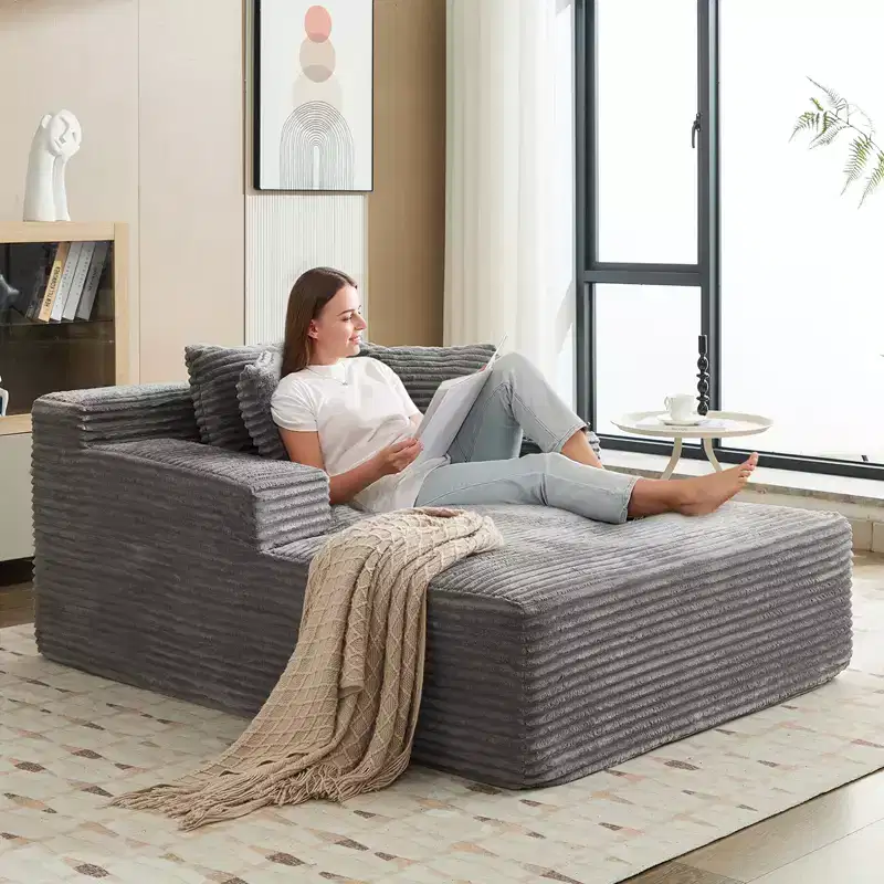 Gray Corduroy Upholstered Chaise Lounge for 1, with 3 Throw Pillows