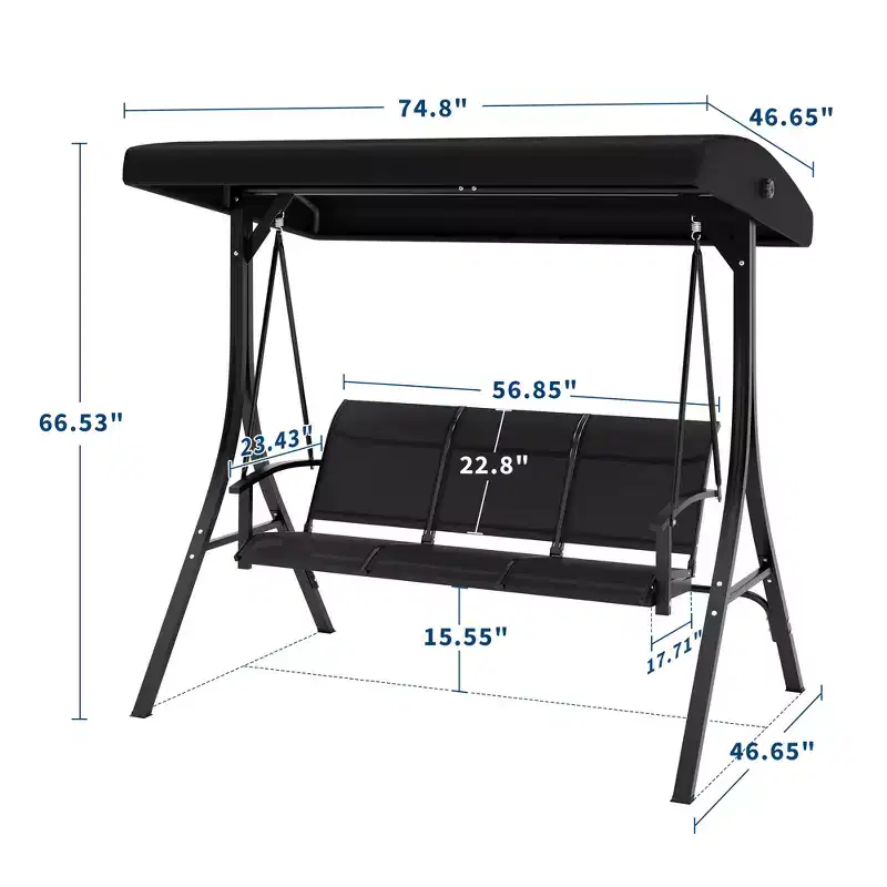 3 Seater Patio Swing Chair - Breathable Fabric Seat and Back, Adjustable Canopy and Armrests, Outdoor Porch Hanging for Patio, Backyard