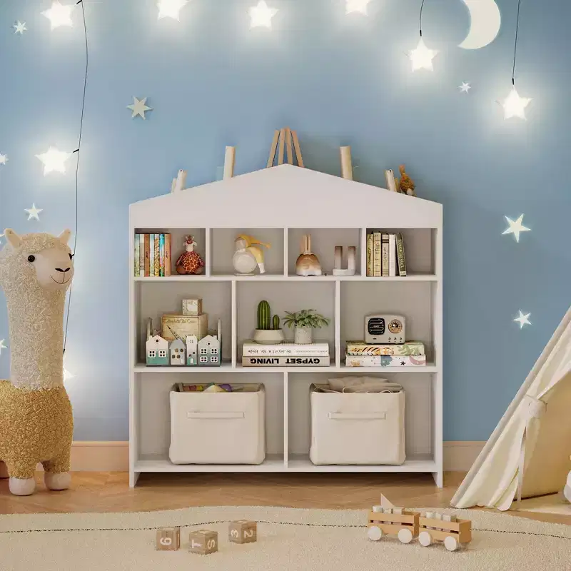 9-Cubby Kids Bookshelf Toy Storage Organizer - White Wooden Bookcase for Playroom, Nursery & Kids Room