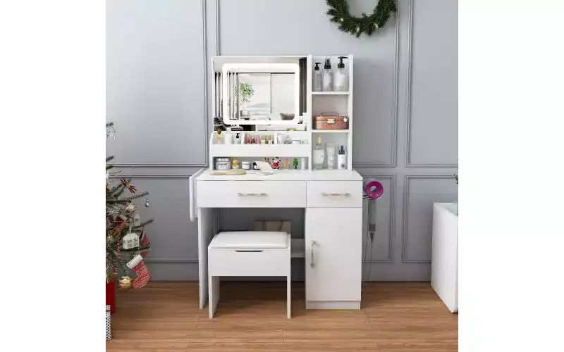 JVNOXK Vanity with LED Mirror Light and Power Outlet Charging Station, Featuring 3 Drawers, 7 Shelves, and Storage Stool, Suitable for Women, White