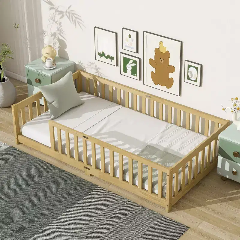Twin Floor Bed with Fence, Solid Rubber Wood Montessori Bed Frame for Kids, Low Profile with Slats, Natural Finish