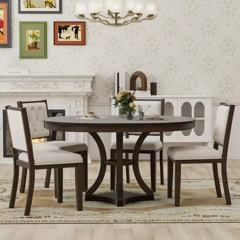 Merax Stylish 5-Piece Retro Dining Set with Extendable Round Table & 4 Upholstered Chairs