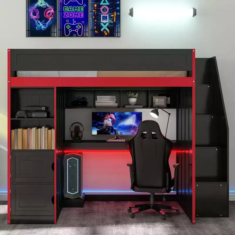Gaming Loft Bed with Desk and Storage, LED Lights