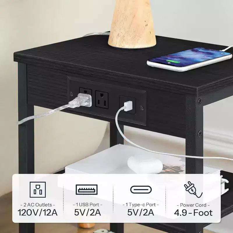 Metal & Wood End Table with USB Charging 24''H x 12''W x 12''D