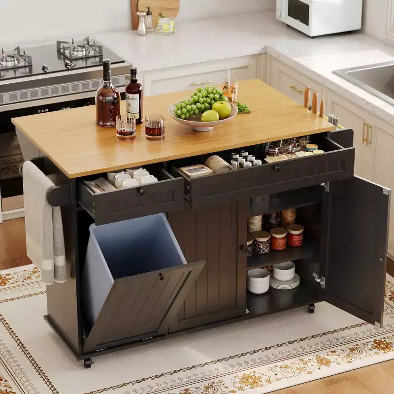 55 Mobile Island Table with Power Outlet & Drop Leaf, Kitchen Rolling Island Kitchen Island Cart with Trash Storage Cabinet for Kitchen