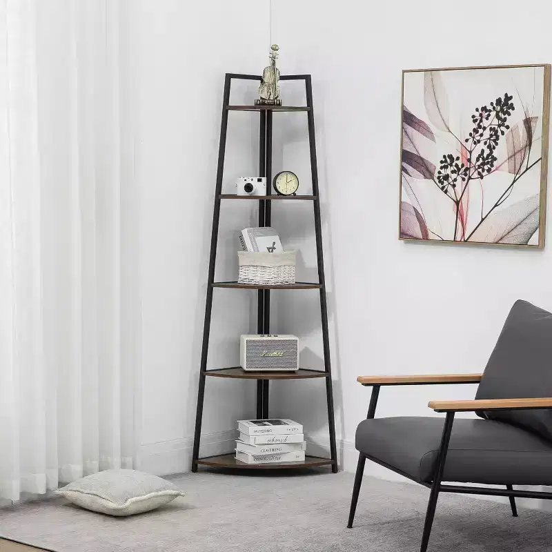 5-Tier Corner Shelf, Space-Saving Storage Rack with Rounded Edges, Metal Frame for Living Room Bedroom Kitchen Balcony, Easy Assembly