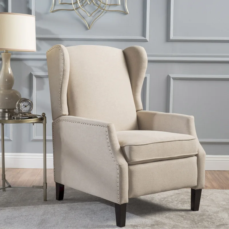 Wingback Push-Back Recliner Club Chair, Polyester Fabric, Nailhead Trim, Birch Wood Legs, Multiple Colors