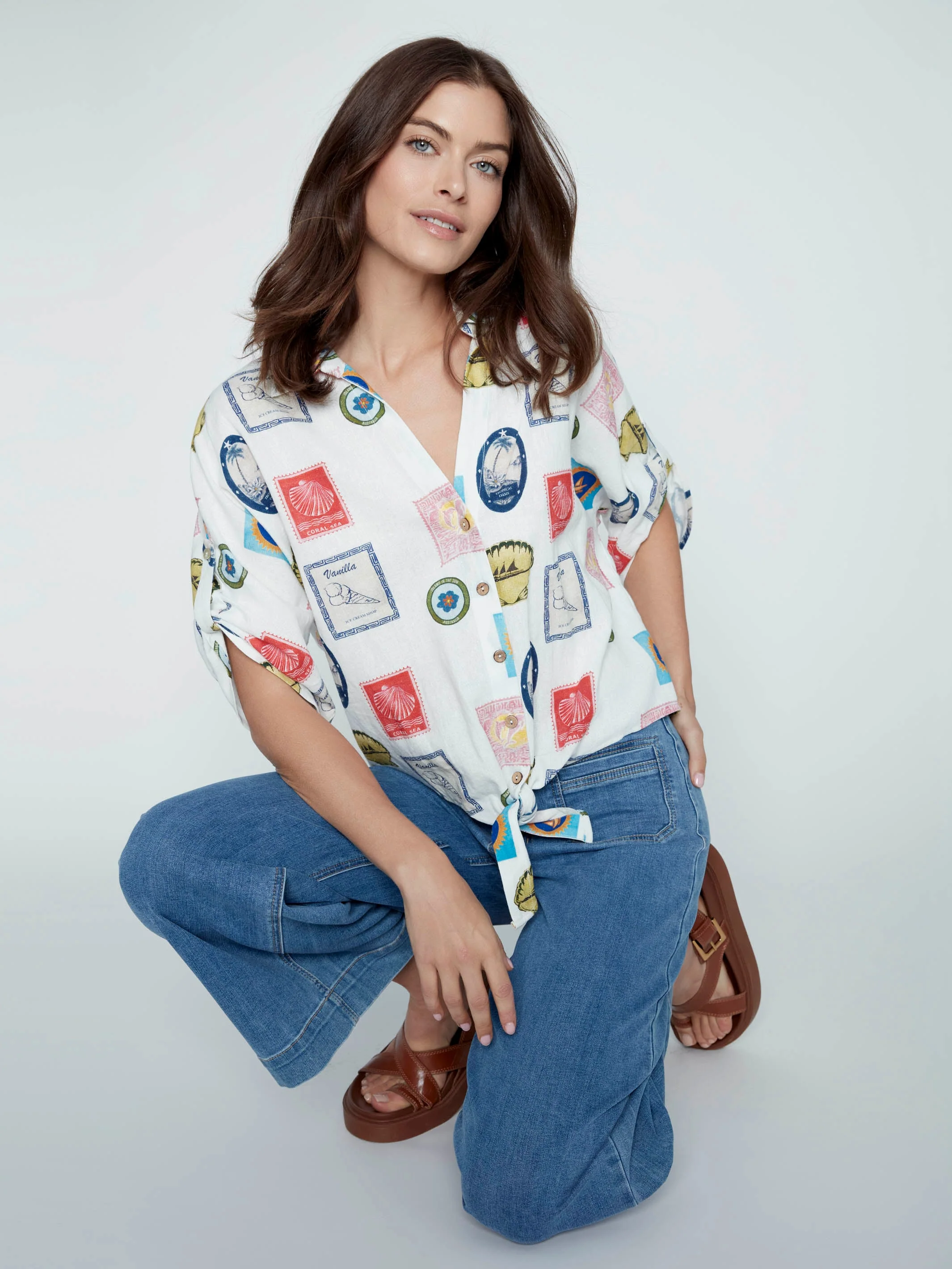 Printed Linen Blend Front-Tie Blouse - Graphic Print