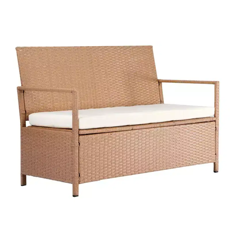 GDFStudio Abimbola Modern Metal and PE Rattan Outdoor Storage Bench with Backrest and Armrests