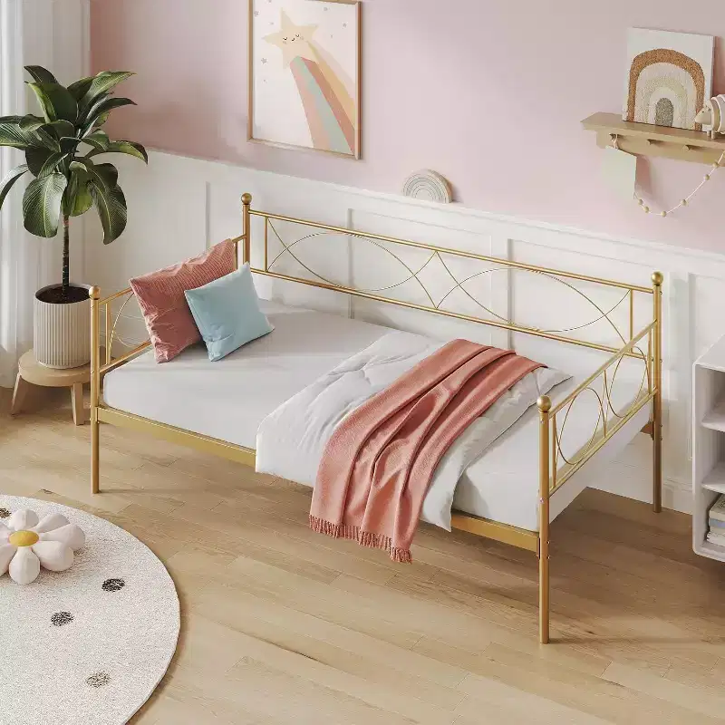 Gold Metal Twin Daybed, Single Bed, Steel Slat Support, Modern Space-Saving Frame