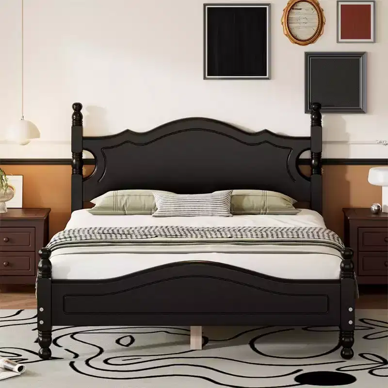 Full/Queen Size Wood House Bed, Easy Assembly, Platform Bed, No Box Spring Needed, Wooden Slat Mattress Foundation, Black_Full Size