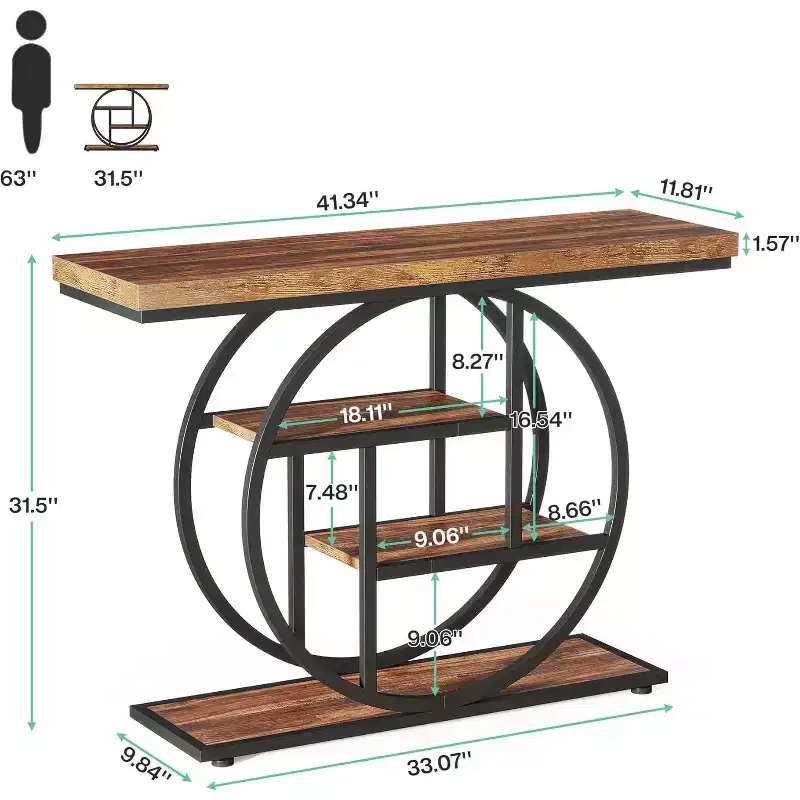 JVNOXK Industrial 4-Tier Wood End Table with Round Metal Frame