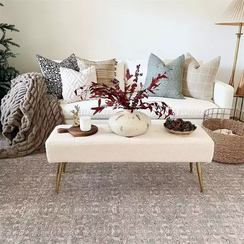 Furniliving Tufted Faux Shearling Upholstered Bench with Button Tufting & Metal Legs for Bedroom/Entryway/Hallway