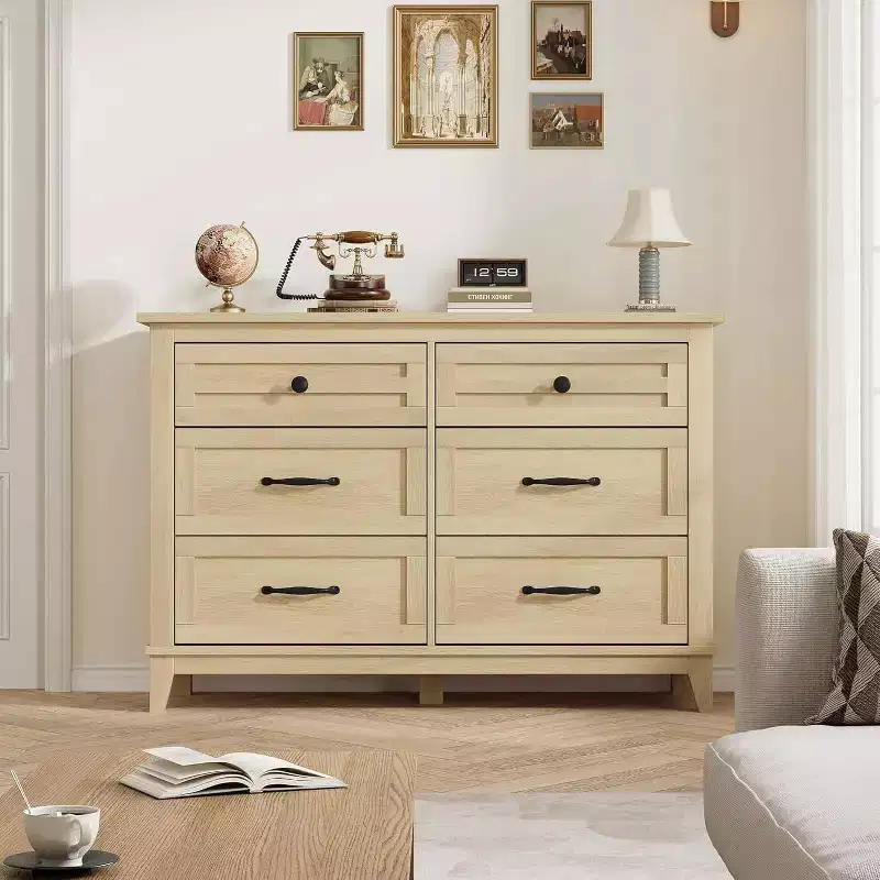 47 in Wide 6-Drawer Dresser for Bedroom, Wooden Closet Storage Chest for Living Room, Entryway, Natural Oak