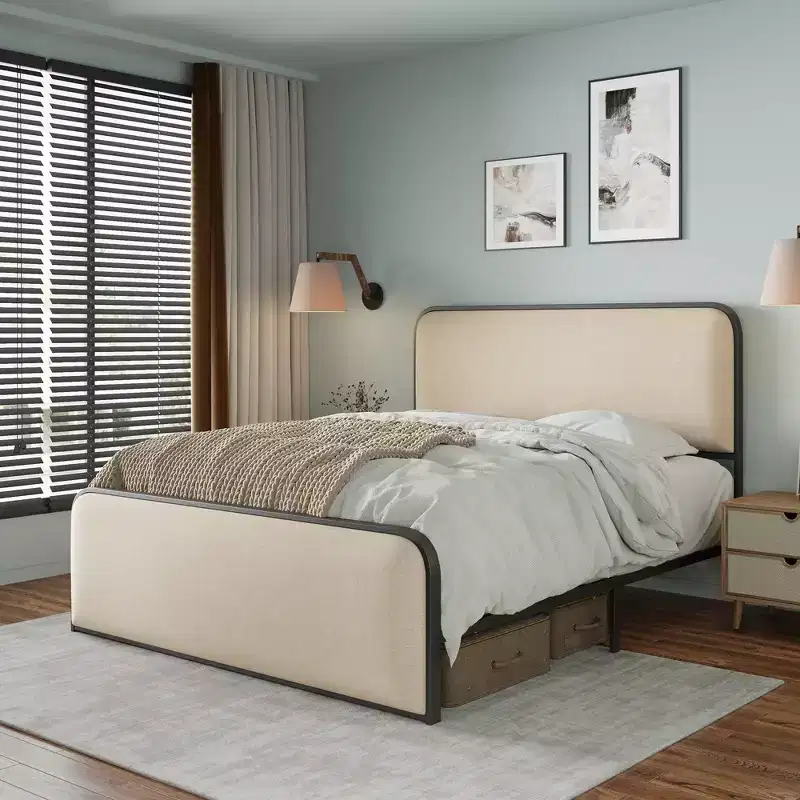 Metal Bed Frame with Upholstered Headboard, King 84.4