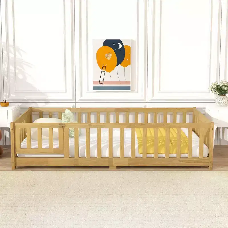 MAYEERTY Twin Floor Bed with Fence without Door, Rubber Wood Floor Guardrails Beige