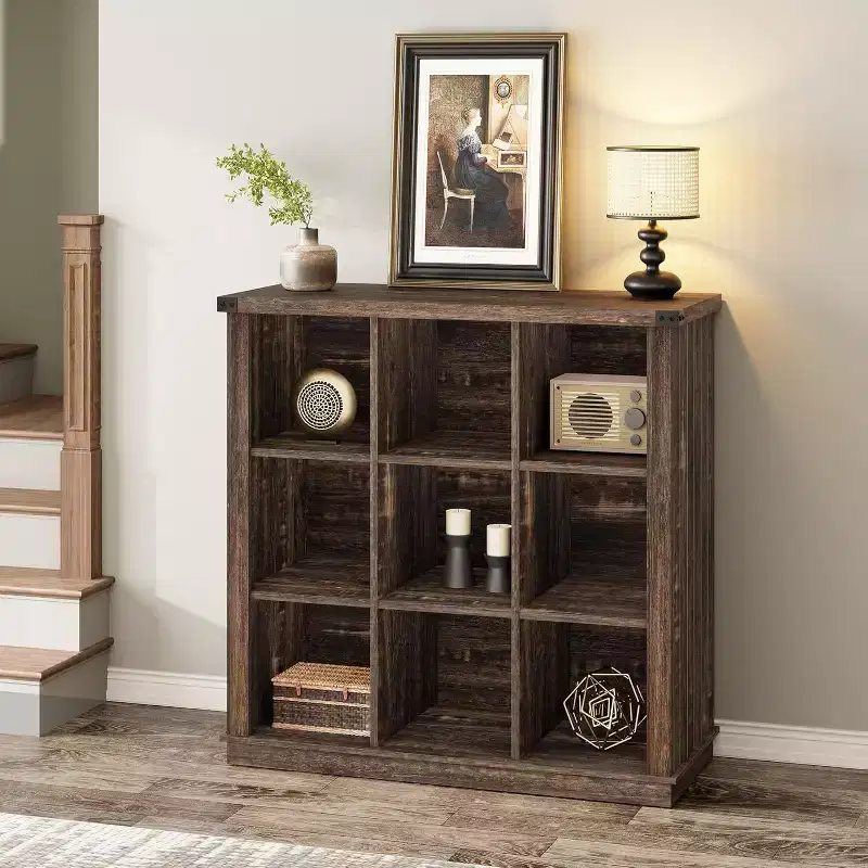 Acekool Bookcase 9-Cube Low Storage Bookcase, 37.4 W x 13.8 D x 37.4 H, Enclosed Back, Easy-Clean, Entryway & Living Room