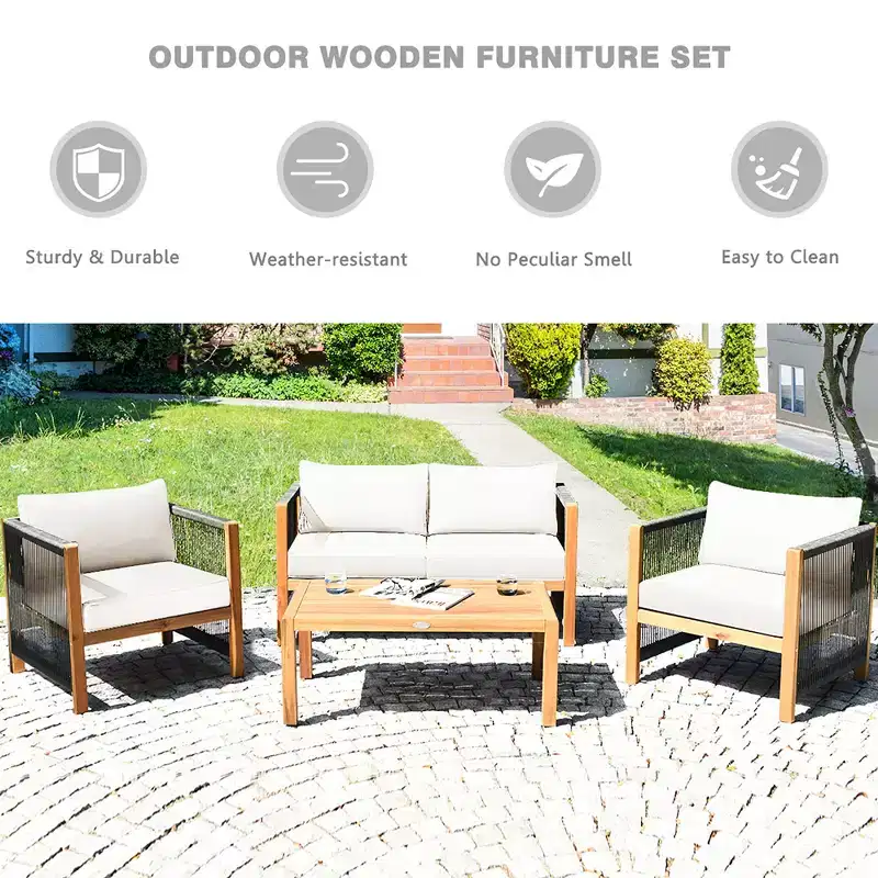 Costway 4PCS Wooden Patio Furniture Set Cushioned Sofa W/Rope Armrest White\Turquoise\Red