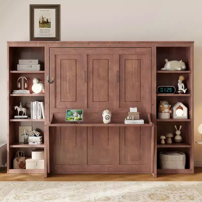 Full/Queen Size Murphy Bed - Space-Saving Wall Bed with Desk and Bookshelf, Dark Brown