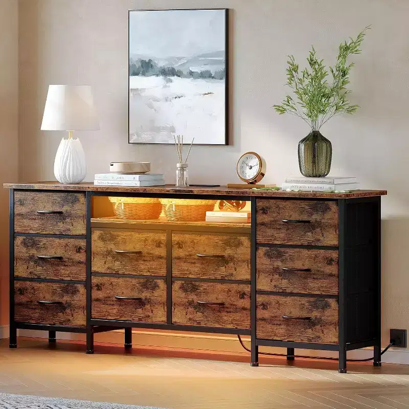 TV Stand for 65-75 Inch TV, 10 Drawer Long Dresser with Power Outlets and LED Lights, 63 Inch Entertainment Center TV Stand Dresser Storage Drawers