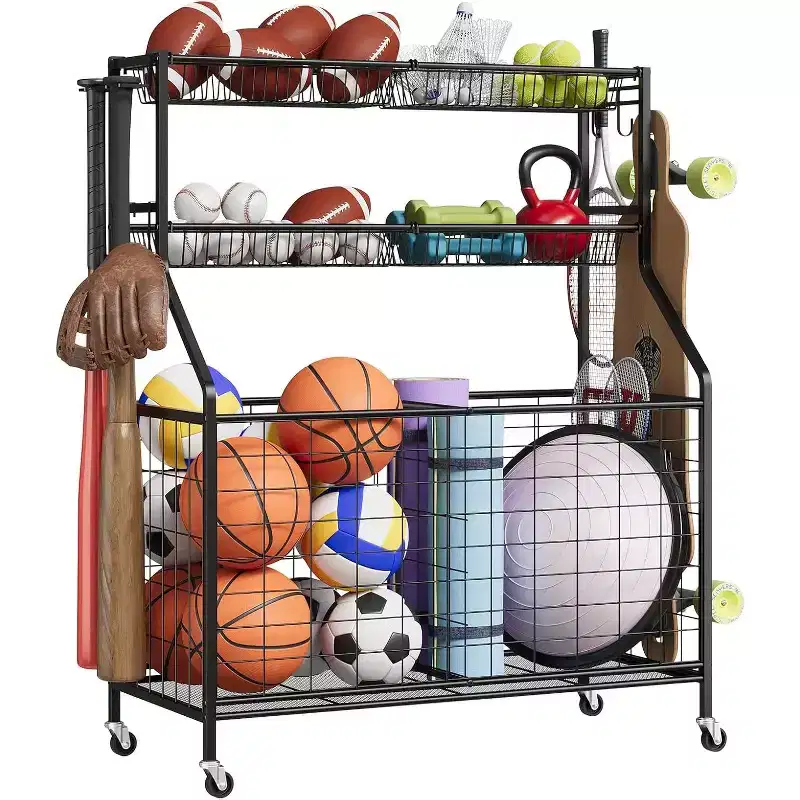 Sports Equipment Organizer,Large Capacity Garage Sports Toy Organizer with Hooks and Baskets,Rolling Ball Cart with Wheels for Toy and Gear Organizer