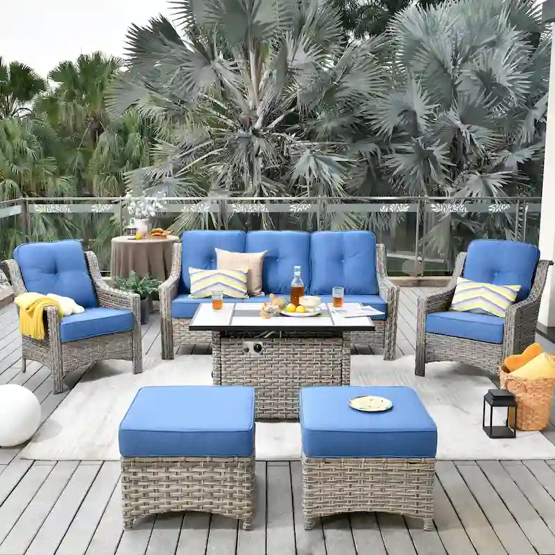 HOOOWOOO 6-piece Grey Wicker Outdoor Furniture Seating Set with Fire Pit Table