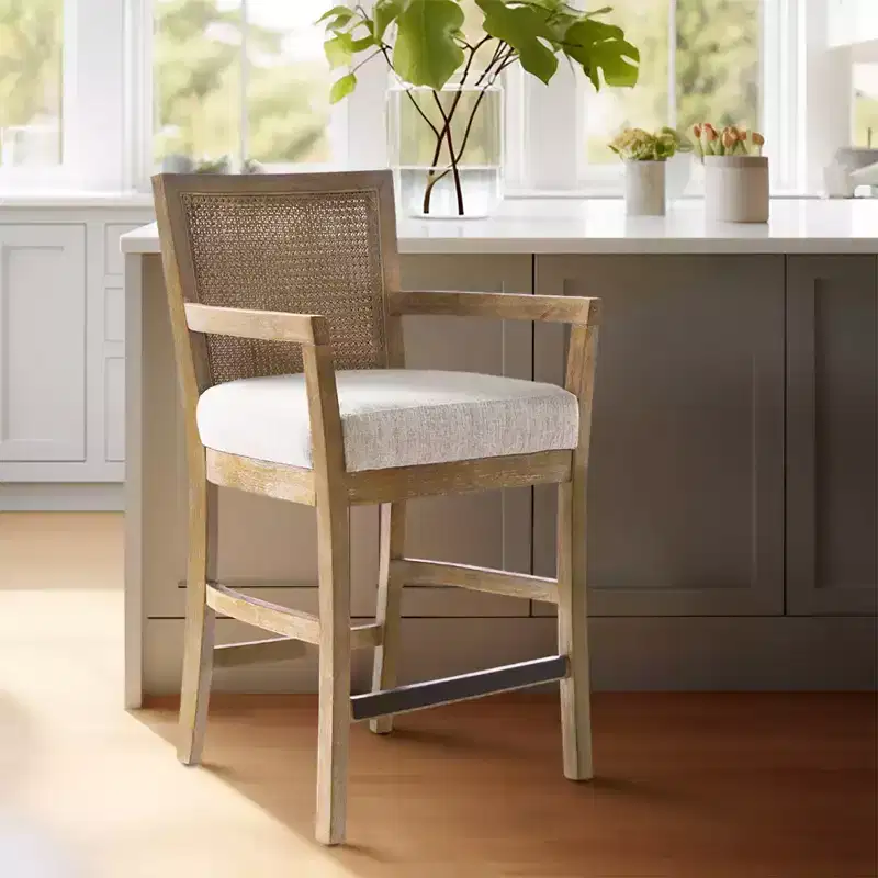 Cane Back Counter Height Barstool – Cream Seat, Reclaimed Wood Frame