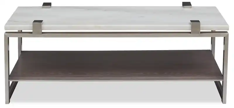 48 Modern Coffee Table with Shelf - White Marble Top with Brushed Platinum Frame