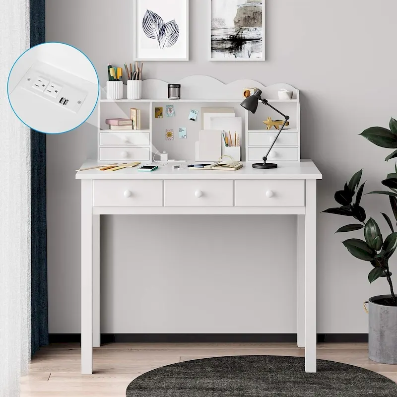 Writing Desk with USB Port Home Office Desk with 7 Drawers