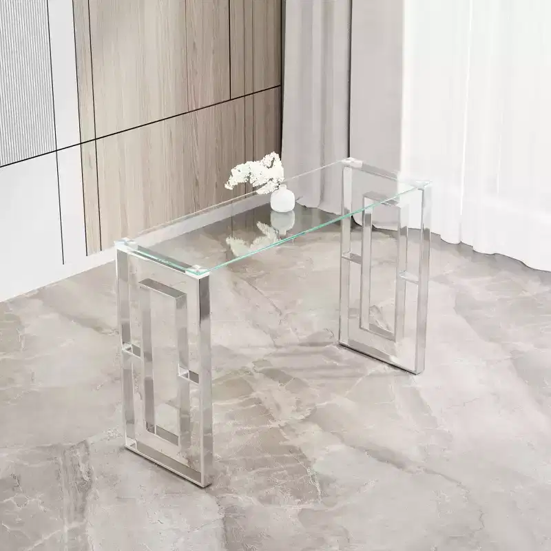 Modern Console Table, Transparent Glass Table with Stainless Steel Legs for Living Room Office Silver