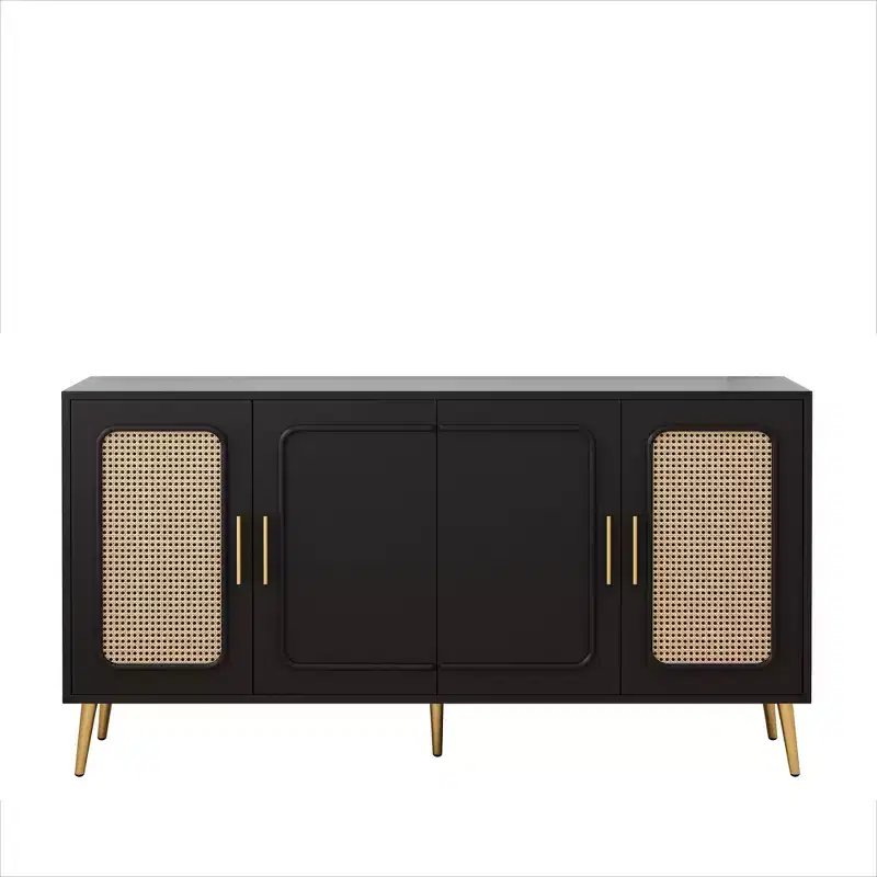 Retro 4-Door Cabinet with Plastic Rattan, Stylish Storage for Living, Dining, or Bedroom