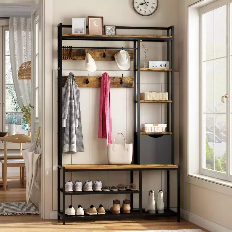 5-in-1 Coat Rack, Hall Tree with Bench and Shoe Storage, Freestanding Entryway Bench with 5-Tier Open Shelves