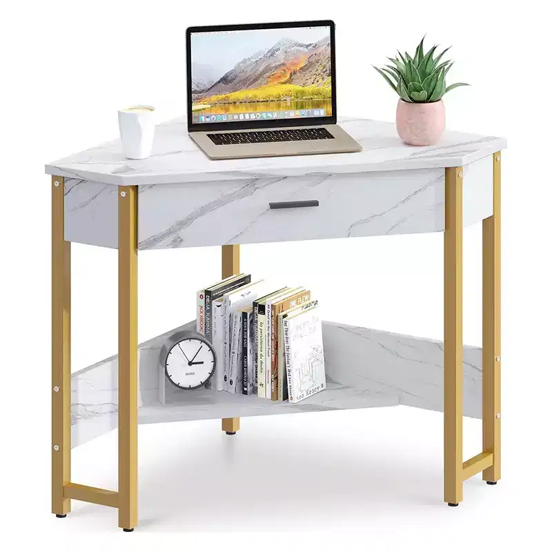 ODK B01XS01210-2 Modern Triangle Corner Fit Computer Workstation with Large Drawer and Bottom Display Shelf for Apartments, Studios, and Office, Black